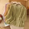 Camisa de algodão e linho lisa artística plus size para mulheres, novo estilo verão 2024, corte solto, emagrecedor, elegante, casual, top de algodão e linho