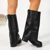 Botas Largas de Tacón Grueso y Punta Redonda para Mujer, Efecto Adelgazante, Pantorrilla Ancha, Caña Fruncida Apilada, Botas de Montar hasta la Rodilla