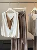 Estilo Coreano Retrô Bloco de Cores Falso Duas Peças Decote V Algodão Linho Colete Feminino Verão Novo Preguiçoso Solto Camada Cortado no Ombro Top