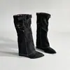 Botas de montar para mujer estilo europeo y americano con estampado de leopardo y cuello vuelto, otoño/invierno 2026, de caña alta, plegables, punta fina, tacón de cuña alto, botas de moda