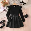 Comércio Exterior Roupas Infantis Primavera e Outono Conjunto para Meninas Cor Sólida Manga Bufante Manga Longa Top + Cintura Elástica Saia Curta em Linha A de Couro Conjunto de Duas Peças