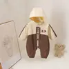 Romper de una pieza con capucha y forro polar para bebé, bloques de color nuevos, cachorro, para primavera y otoño, salida casual