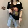 Camiseta Polo Manga Curta Ombro Direito Tamanho Plus Size para Mulheres 2025 Verão Nova Moda Slimming Look Redutor de Idade