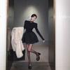 Gola Meia-Alta Saia Ponte de Lã para Filha Barbie Feminina Estilo Hepburn Cintura Apertada Emagrecedora Elegante Saia Preta Pequena Outono e Inverno Nova Saia Evasê
