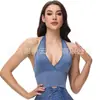 Nuevo Top sin Mangas de Mezclilla Tejido Estilo Americano Chica Picante con Cuello Halter Verano Sexy Escote en V Soporte para el Busto Push-Up Hermoso Top Moldeador de Espalda