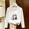 Camiseta de Manga Larga de Algodón Puro Estilo Coreano para Niñas, Primavera y Otoño, Camiseta Básica Casual con Estampado de Dibujos Animados para Bebé, Cuello Redondo