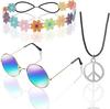Accesorios de Disfraz Hippie de los años 60 Diadema de Girasol Gafas Redondas y Collar de Cincel de Paz Aretes traje