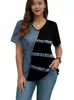 2026 Nova Roupa Feminina Transfronteiriça de Verão Camiseta de Manga Curta com Decote V Estampa Jeans Top Casual Solto Emagrecedor para Mulheres