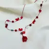 Flor Brillante ~ Nuevo Sweet Red Flower de Verano Collar de Perlas Cadena para el Cuello Blanqueadora de Gama Alta para Mujer Cadena para la Clavícula