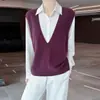 Chaleco de punto 100% lana pura con cuello en V profundo para mujer, sin mangas, color liso, corte holgado, adecuado para usar en capas, casual y versátil