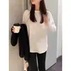 Camiseta blanca de longitud media con abertura para mujer, de manga larga, corte holgado, adecuada para primavera, otoño e invierno, cálida, engrosada con terciopelo alemán, top