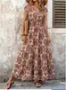 Verão 2026 Novo Vestido Longo Estampado com Decote V Europeu e Americano Transfronteiriço Vintage Elegante Vestido Feminino de Manga Curta Linha A