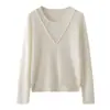 Suéter de Cachemira Cuello Redondo en V Encaje en el Pecho Empalmado Suéter Otoño e Invierno Nuevo Elegante de Moda Diseño Pulóver Camiseta de Base