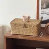 Caja de Almacenamiento de Escritorio, Caja de Regalo Tejida con Hierba de Ratán con Tapa, Cesta para Artículos Varios a Prueba de Polvo, Caja de Regalo Creativa, Caja de Joyas al por Mayor