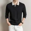 Camisa polo de algodão com trama canelada e gola de gaivota para homens, nova coleção outono 2026, cor sólida, respirável, casual, manga longa para homens