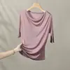[Procesamiento y Personalización] Camiseta de Manga Corta de Seda de Morera para Mujer, Ajustada, Cómoda y Transpirable, Popular Top de Seda Plisada