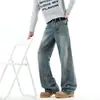 Jeans masculinos American cleanfit distressed com estampa de raio corte inclinado marca trendy vibe high street charmoso rebelde levemente flare calças compridas