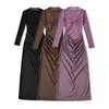 Ap25566-25 Estilo Otoño Estilo Coreano Corte Ajustado Encaje Cuello en V Profundo Cintura Fruncida Vestido de Manga Larga Falda Larga