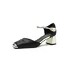 2319-12 Sapatos Femininos Estilo Nacional Novo Estilo Chinês Salto Grosso com Tira de Saia Mary Jane Sandálias de Verão com Biqueira Fechada e Parte Traseira Aberta