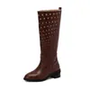 Botas de Mujer de Talla Grande Estilo Europeo y Americano, Punta Redonda, Tacón Medio, Botas de Piel con Tacón Cuadrado, Botas Refrigerantes, Botas de Caña Alta para Mujer
