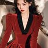 Vestido Rojo Terciopelo Estilo Francés con Diseño de Nicho, Vestido de Cumpleaños Único y Hermoso que se Puede Usar Diariamente