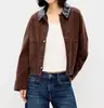 Chaqueta de trabajo de otoño para mujer, vintage, transfronteriza, patchwork de cuero Maillard, solapa, bolsillo con cremallera, corte holgado, corta