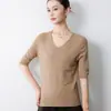 Suéter de punto fino de primavera y otoño transfronterizo, cuello en V, manga de tres cuartos, top de punto fino, moderno y versátil, corte holgado, adelgazante para mujer