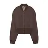 Venta al por mayor de ropa de mujer transfronteriza, nuevo estilo de otoño, chaqueta bomber marrón con cuello alto, chaqueta corta ajustada de manga larga