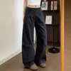 Pantalones de Trabajo Retro Americanos Gris Oscuro para Mujer, Pantalones de Pierna Ancha Adelgazantes de Cintura Alta para Verano, Pantalones Cargo Casuales Sueltos con Múltiples Bolsillos