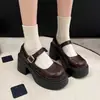 Mocassins Pretos Elegantes e Versáteis Slip-On 2026 Outono Novo Sapatos de Couro Mary Jane com Salto Bloco de Solado Grosso para Mulheres