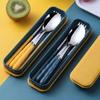 Set de cubiertos portátil de acero inoxidable para estudiantes, tenedor, cuchara y palillos para adultos, set de viaje con mango de color trigo, estilo minimalista de tres piezas