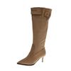 Botas Finas Salto Agulha Bico Fino para Mulheres Moda Outono e Inverno 2025 Botas de Cano Alto Fivela de Cinto Botas de Salto Alto Botas Finas