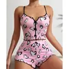 Temptação de Cereja Amazon Aliexpress Estampa em Formato de Coração Cor Contrastante Roupa de Dormir Fenda Frontal Camisola Vestido de Noite