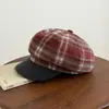 Sombrero Octagonal de Cuadros Japoneses Otoño para Mujer Circunferencia de Cabeza Grande Hace que la Cara Parezca Más Pequeña Gorra de Boina de Artista de Periódico Versátil Gorra Plana
