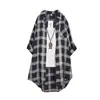 Camisa a cuadros holgada y elegante de longitud media para mujer transfronteriza, camisa de gasa con protección solar con diseño de frente corto y espalda larga