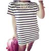 Verão 2025 Feminino Comprimento Médio Feminino Listrado Solto Manga Curta Camiseta Feminina Estilo Coreano Listras Horizontais Vestido Feminino