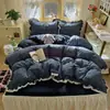 Juego de Cuatro Piezas de Encaje 100% Algodón Estilo Ins, Falda de Cama Estilo Coreano Clase A, Funda de Edredón de Algodón Puro, Juego de Tres Piezas de Encaje Vintage Estilo Princesa para Dormitorio