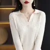 Nuevo top de punto para mujer, color liso, algodón gofrado, cuello polo, manga tres cuartos, para otoño e invierno