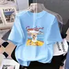 Camiseta de Manga Corta de Algodón Puro para Niñas Verano Nuevo Estilo Dibujos Animados Casual Versátil Top de Media Manga para Niños Medianos y Grandes