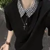 Camisa Polo Cinza Estilo Americano Falsa Duas Peças para Homens e Mulheres, Marca Tendência de Verão, Patchwork Xadrez, Camiseta de Ombro Normal, Cleanfit, Manga Curta