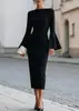 Ropa de moda transfronteriza europea y americana para mujer, vestido de manga larga acampanada ajustado sin hombros para el trabajo y fiestas