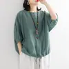 Camiseta Casual Holgada Talla Grande para Mujer Camisa Murciélago Dobladillo con Cordón Cuello Redondo Manga Media Imitación Algodón y Lino Top 2024 Verano