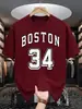 Boston 34 Estampa de Letras Artísticas Camiseta Vintage Masculina Casual Solta Moda Algodão Verão Unissex