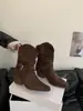 Primer Encuentro Temporada Estilo Coreano Piel Gamuza Hebilla Botas Vaqueras Western para Mujer Estilo Otoño/Invierno Ropa Exterior de Moda Versátil Retro Botas de Media Caña