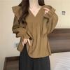 Camisa Feminina de Manga Longa com Gola V e Babados, Estilo Francês, Tamanho Grande, para Meninas Cheinhas da Primavera, Top Soltinho Chic que Cobre a Barriga