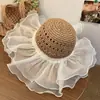 Sombrero de Paja con Encaje para Mujer de Ala Ancha Transpirable de Verano Sombrero de Sol para la Playa Cubre Cara Completa Parasol Sombrero Protector Solar Moderno