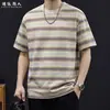 Camiseta Listrada de Manga Curta Retro de Alta Qualidade para Homens, Novo Estilo Verão 2026, Roupas Casuais Leves de Seda de Liocel Soltas
