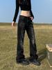 Estilo Americano Vintage Washed Preto Micro-flared Jeans cleanfit Street Emagrecendo All-match Calças Chenille