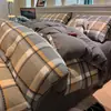 Juego de Ropa de Cama Minimalista a Cuadros de Algodón Puro Juego de Cuatro Piezas Engrosado para Dormir sin Ropa de Cama Sábana Bajera de Algodón Funda Nórdica Juego de Tres Piezas para Dormitorio