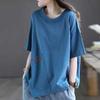 Camiseta de Algodão 2023 Novo Estilo Verão Solta Gola Redonda para Mulheres, Top Blusa de Bolsos com Aba Assimétricos Estilo Artístico Manga Meia para Mulheres